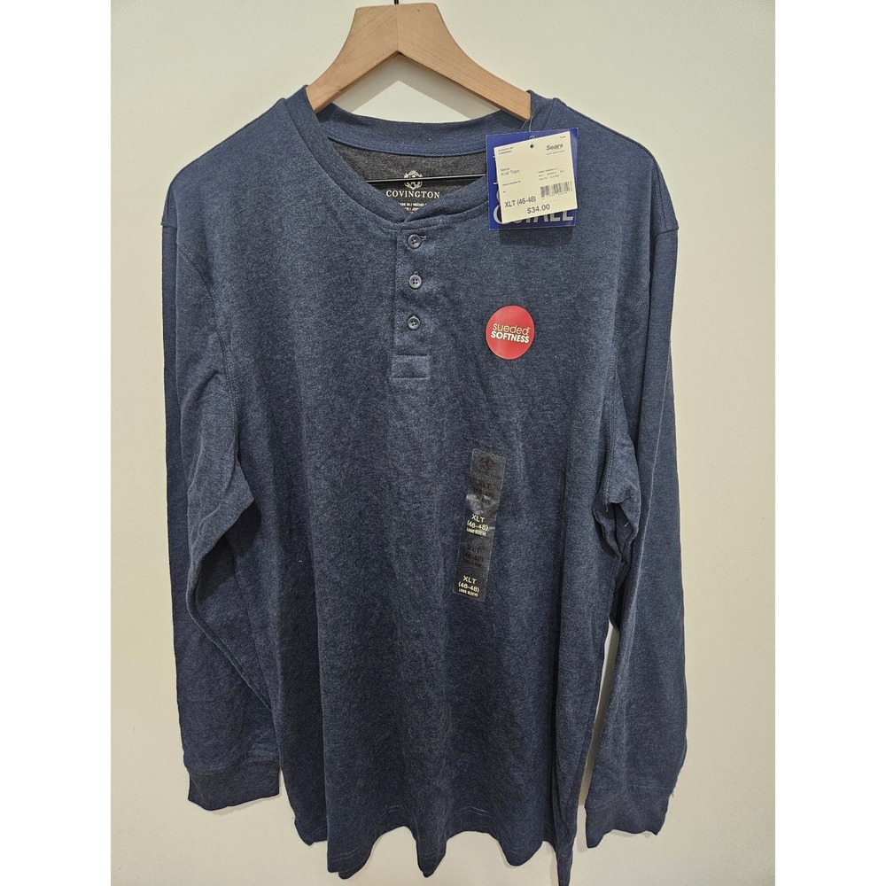 Covington Mens Big & Tall‎ Henley Shirt XLT Blue Sueded Cotton Long Sleeve New